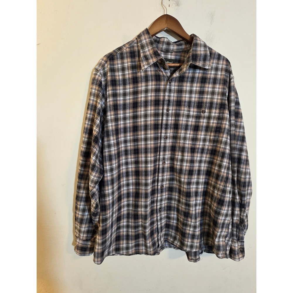 Eddie Bauer Mens XL Plaid Button Up Shirt Long Sleeve Cotton Navy Tan D4887135